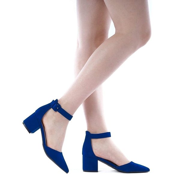 Women Pointed Toe Low Chunky Heels Pump Royal Blue Non-Slip Outsole Shoes - Picture 7 of 9